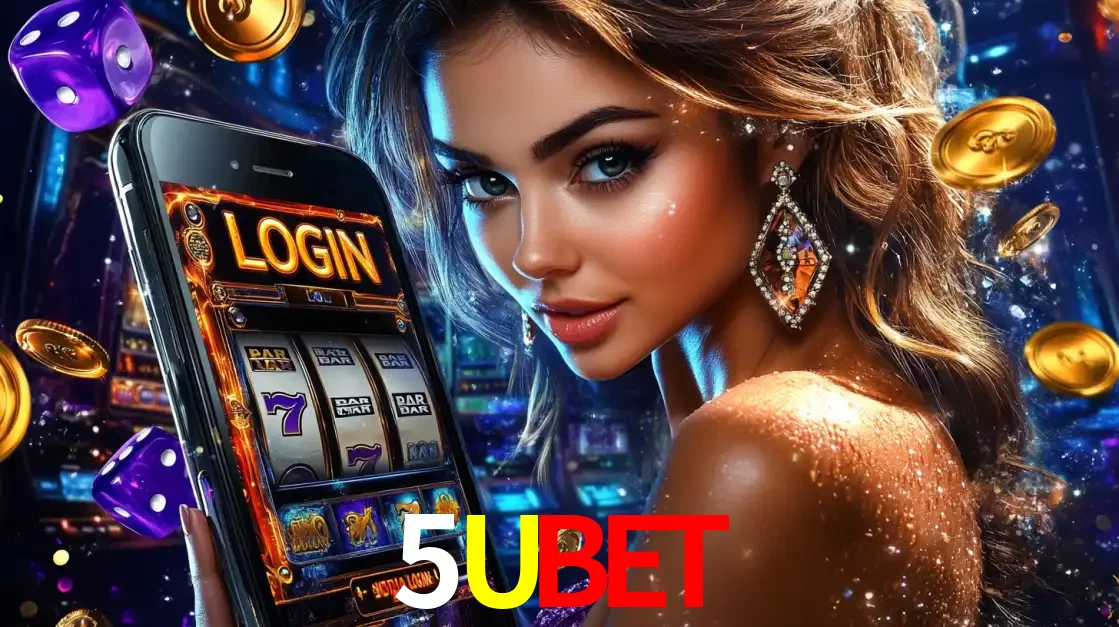 Mulher glamorosa segurando um smartphone com a tela de login para os jogos de caça-níqueis do cassino online 5UBET, com moedas de ouro e dados ao redor.