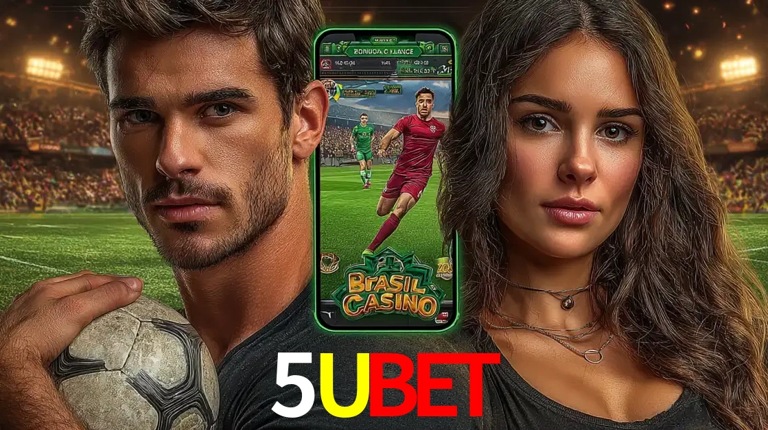 Homem segurando uma bola de futebol e uma mulher ao lado de um smartphone exibindo o jogo de apostas esportivas da 5UBET. Faça seu palpite no cassino online.